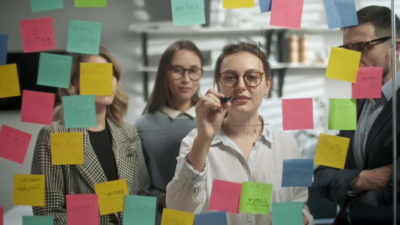 A small team mapping out ideas on sticky notes